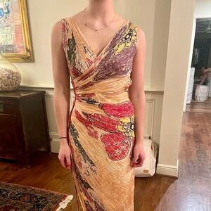 Gold and Pink Asymmetrical Bustier Maxi Dress